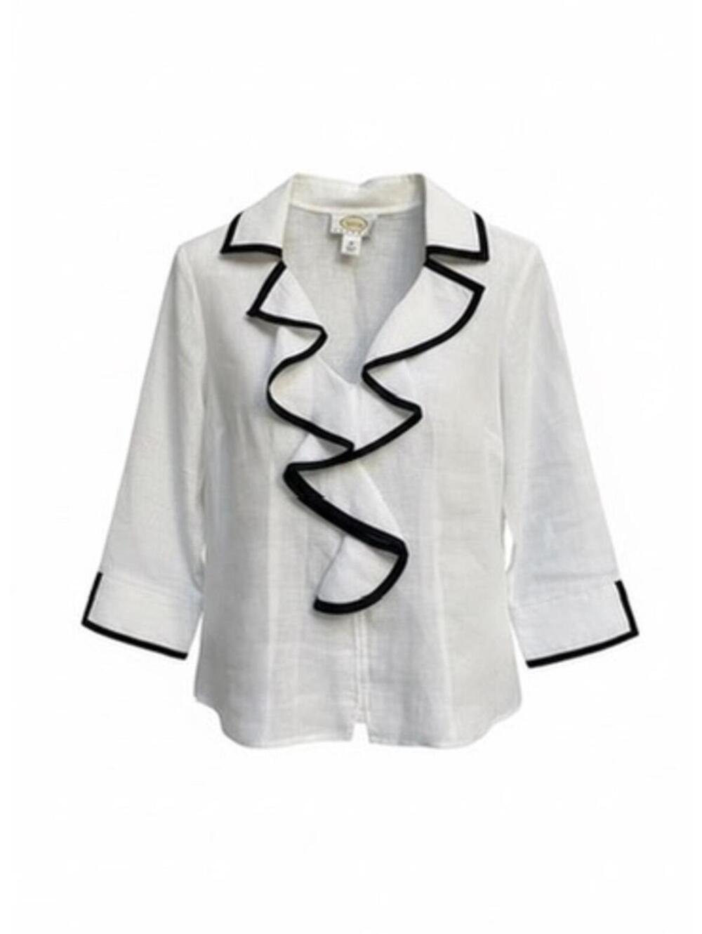 Talbots Womans Size 2P White Ruffled Black Trim Blouse Shirt Top